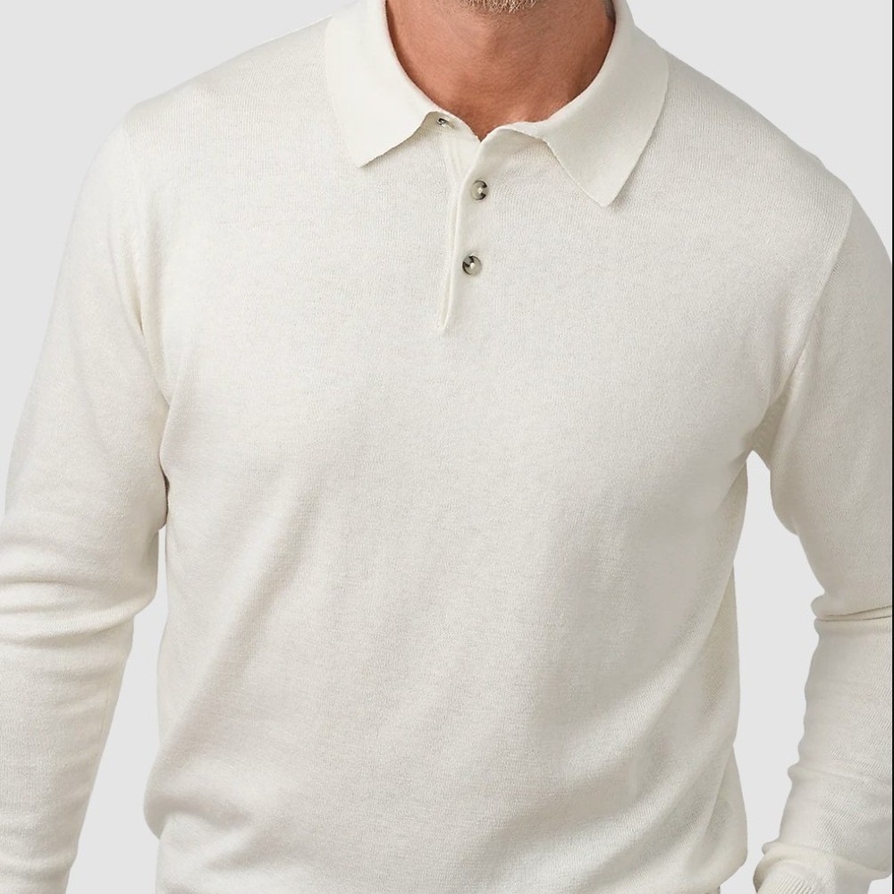 Paul Fredrick Mens Silk Cashmere Long Sleeve Polo Sweater Cream Large